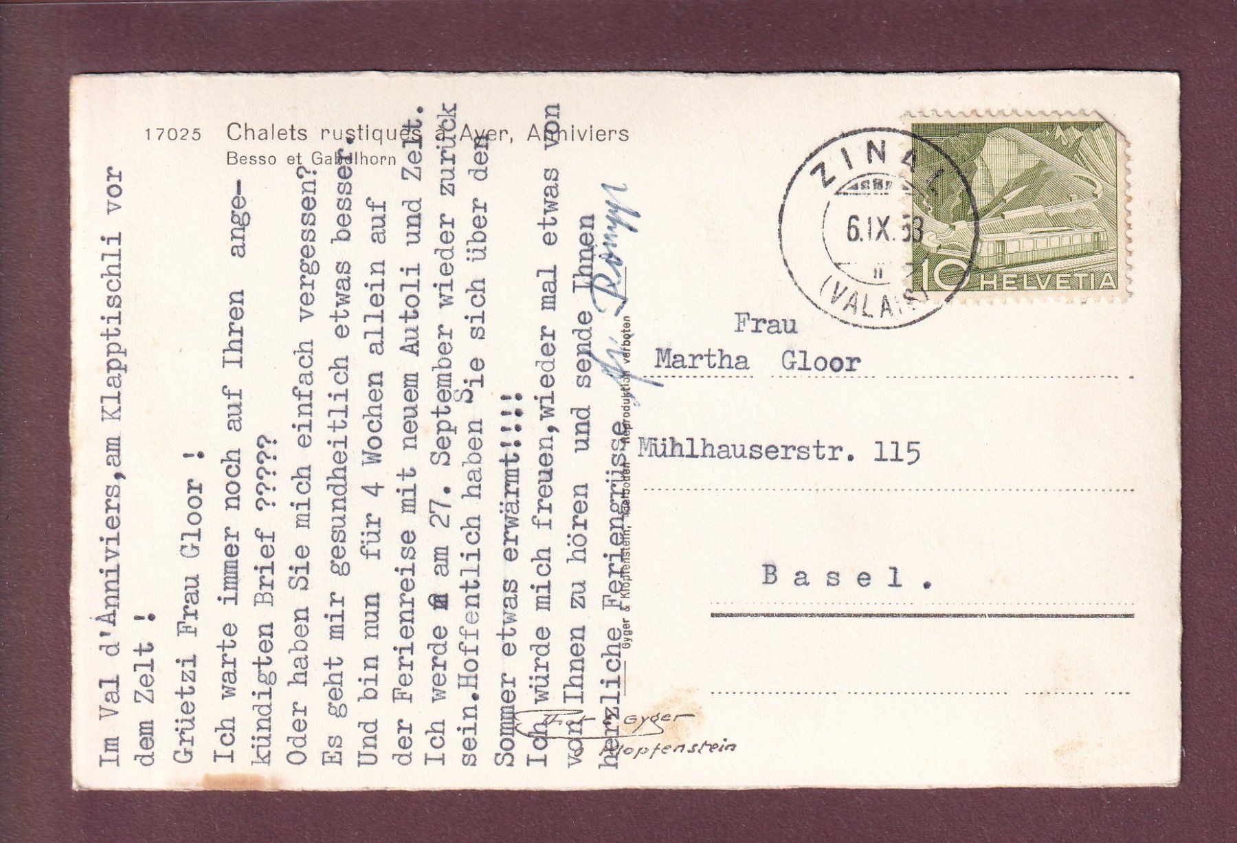Cartoline postali: AYER - Mazots - Besso - 1958 – Usato da Pully venduto da nicecards 1