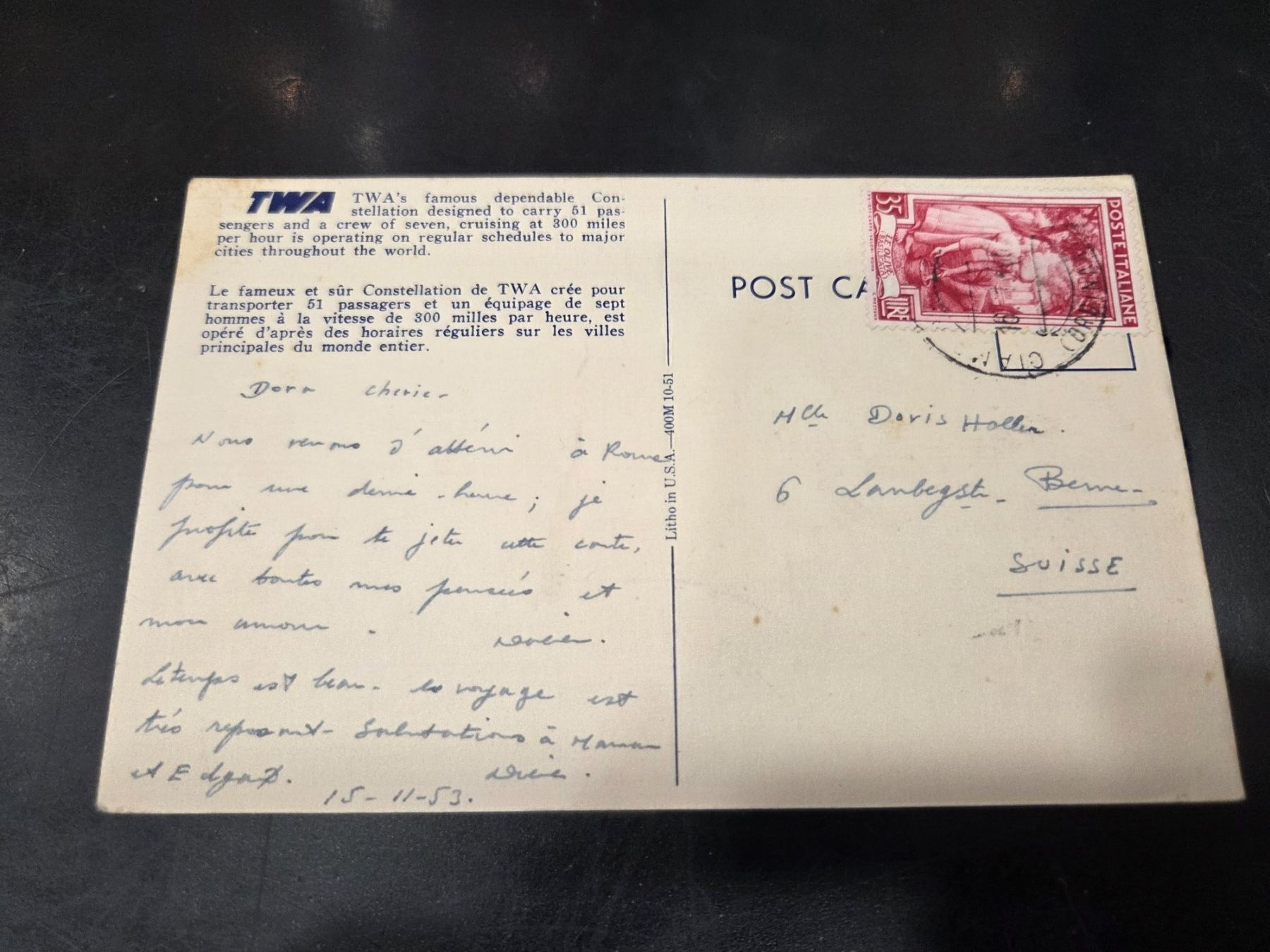 Cartoline postali: TWA Constellation in Flight 1953 – Usato da Basel venduto da bartlome78 1