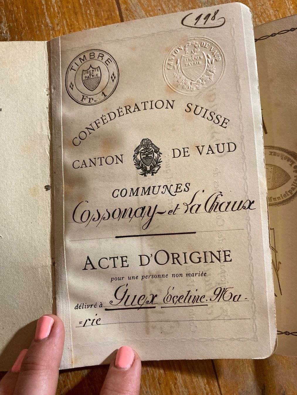 Documenti: Acte origine Guex Cossonay 1917 – Usato da St-Cierges venduto da LeRegain 4