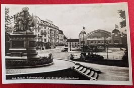 Basel Bahnhofplatz, Strassburgerdenkmal 1931 Oldtimer