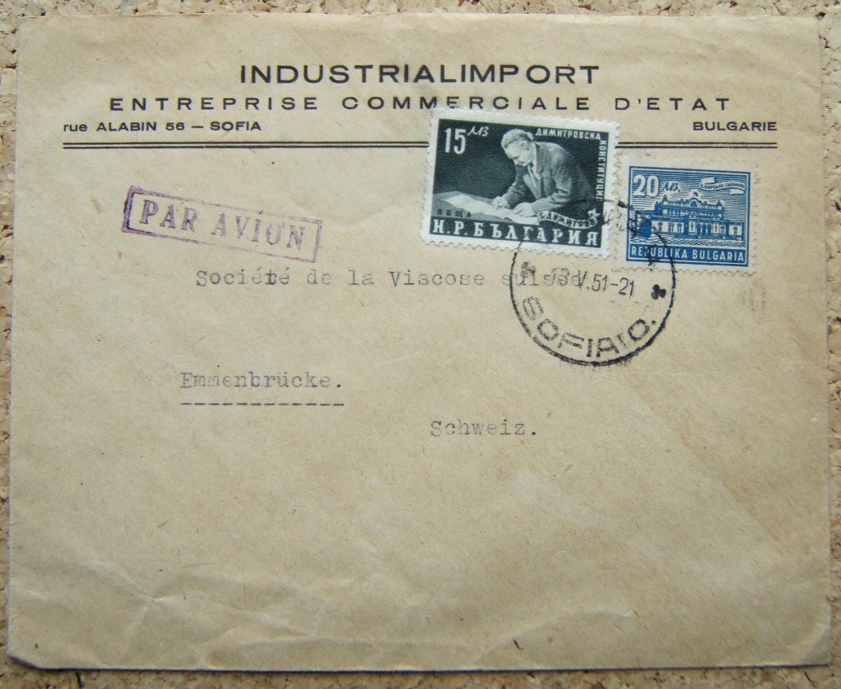 Alle Briefmarken: LUFTPOSTBRIEF SOFIA - EMMENBRÜCKE 1951 – Gebraucht aus Brunnen von Nonne04