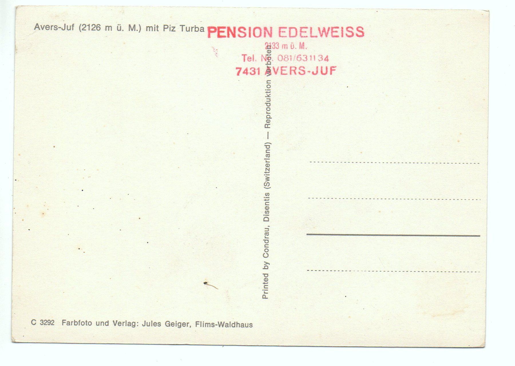 Cartes postales: AVERS-JUF Stempel Penison Edelweiss – Neuf (Voir description) à Jona par philajona 1
