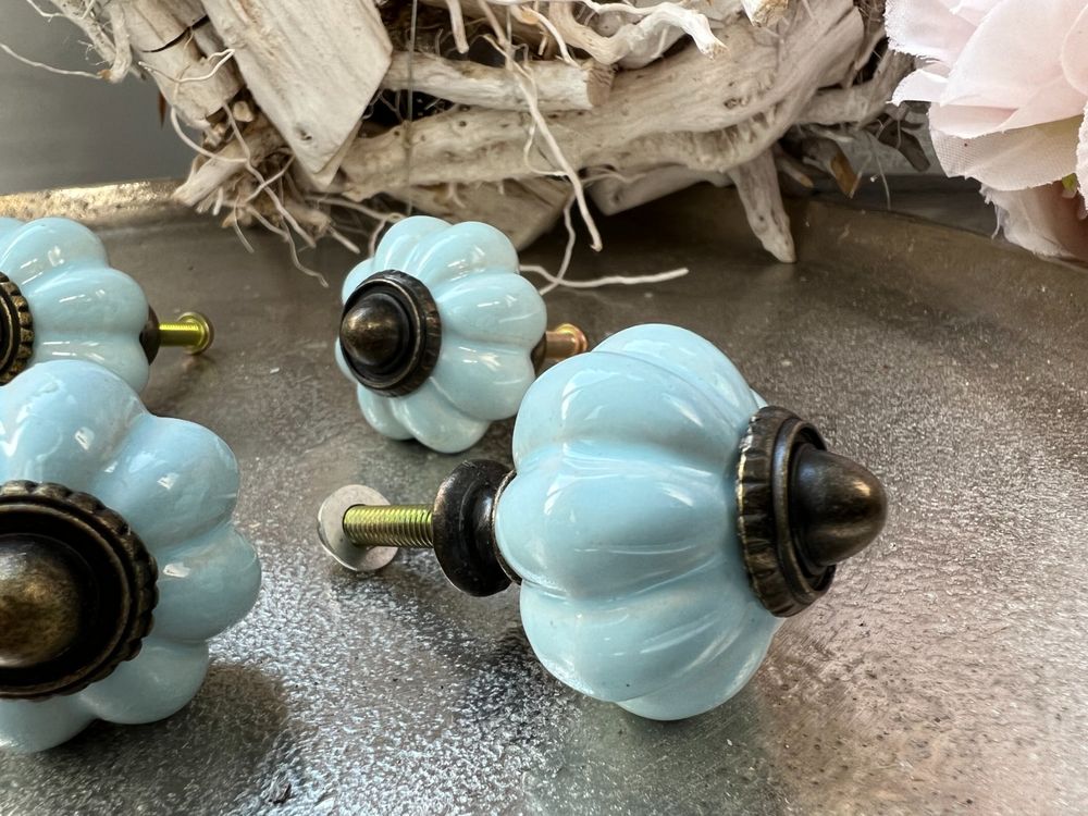 4 Stück Keramik Schrankknöpfe Blau - Vintage Möbelgriffe 32mm Rund