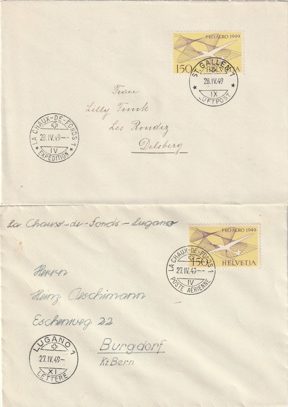 Alle Briefmarken: 4 Briefe Flugpost Pro Aero 1949 – Gebraucht aus Rorschacherberg von fratovi2 1