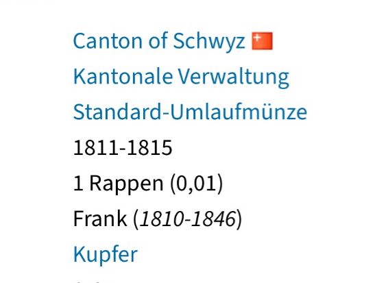 Tutti le monete: 1 Rappen 1815 Kanton Schwyz – Usato da Neuenhof venduto da Mastermind-73 3