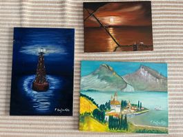Bilder Konvolut 3 Stck. Leuchtturm und Landschaft handgemalt