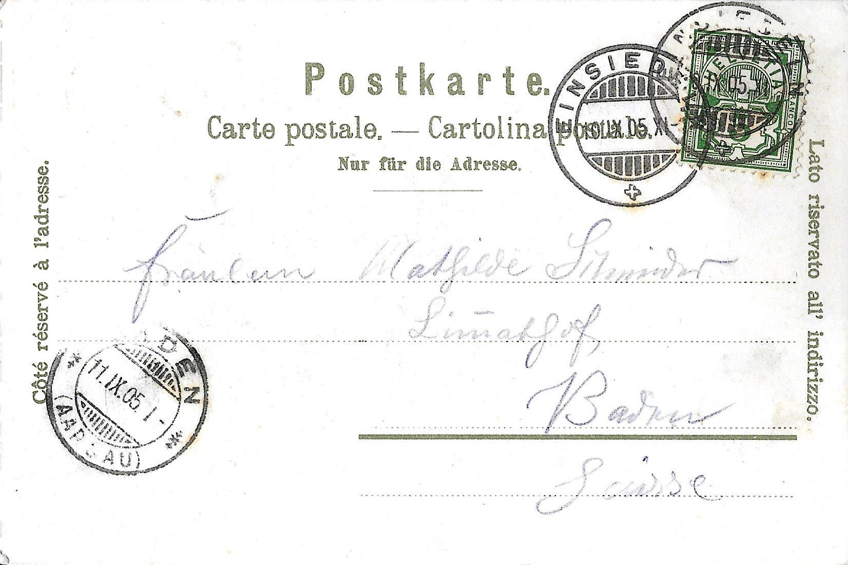 Ansichtskarten: Karte Kloster Einsiedeln 1905 – Gebraucht aus Zürich von  1