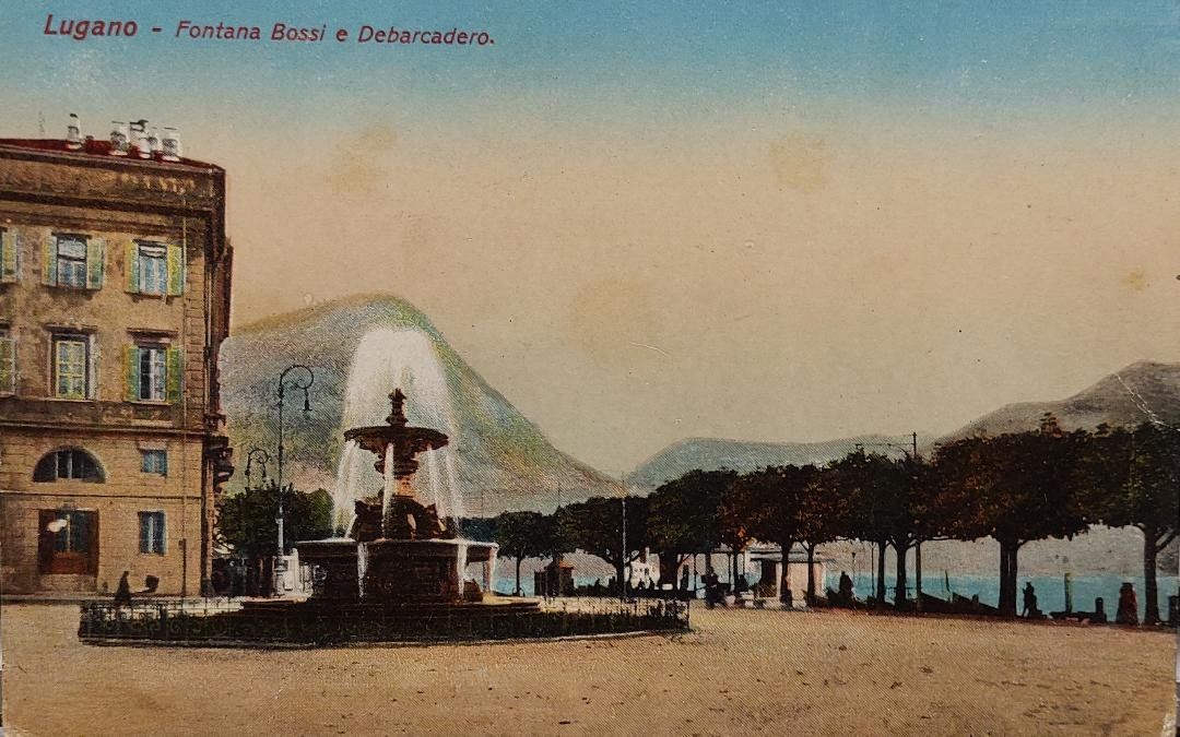 Ansichtskarten: LUGANO - Fontana Bossi e Debarcadero – Gebraucht aus Delémont von Domdom1