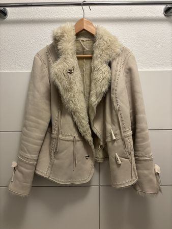 Y2K Faux Shearling Jacket, Cream with Fur Trim 