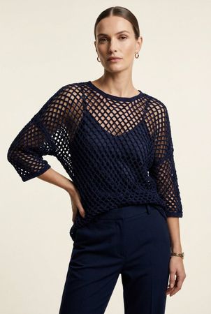 Haut Maille Ajourée Bleu Marine Manches 3/4 T. L