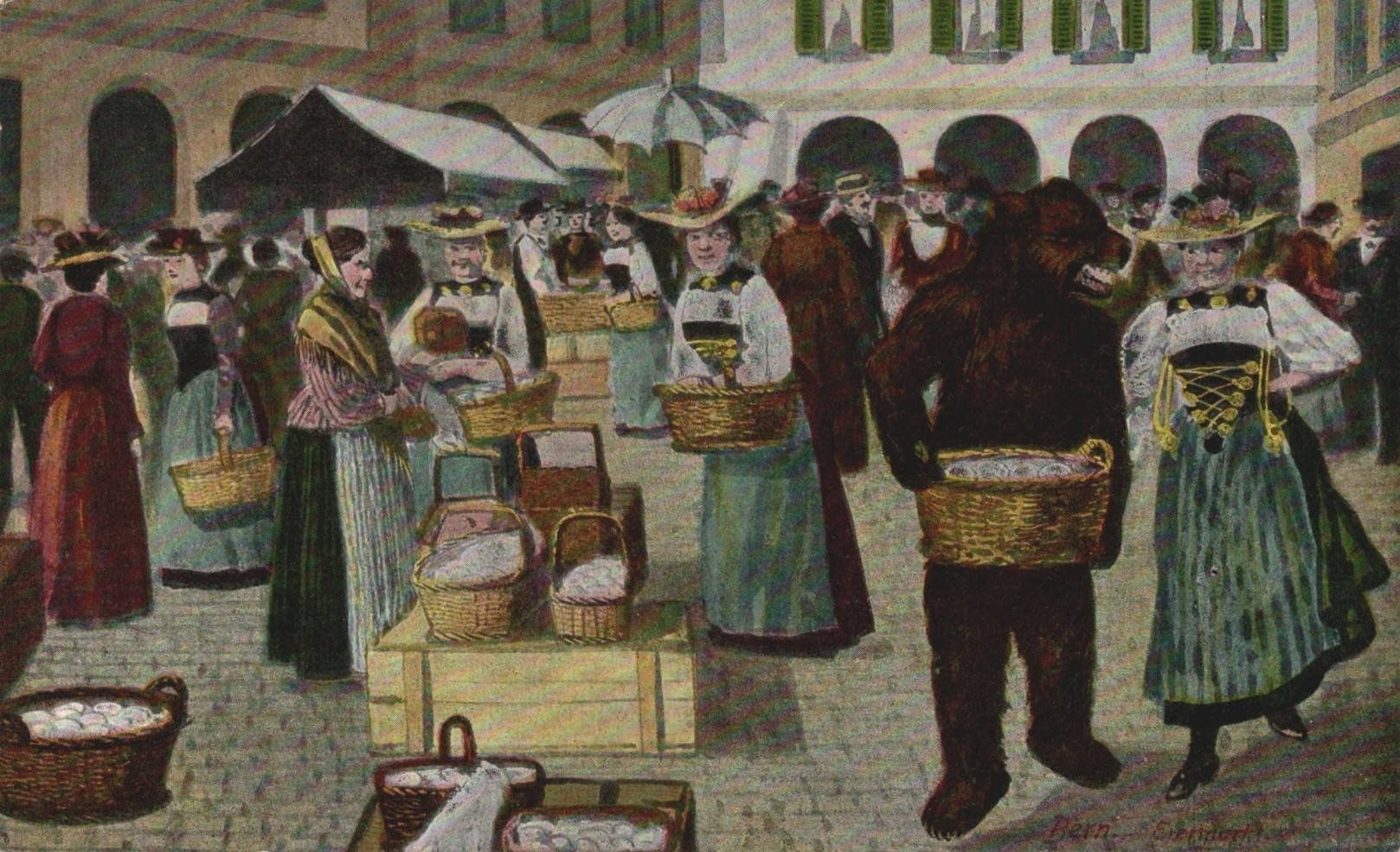 Cartoline postali: Alte Ansichtskarte, Bär auf Markt in Bern – Usato da Luzern venduto da Kartenansicht