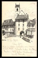 Aarau, Stadttor mit Turm und Häusern