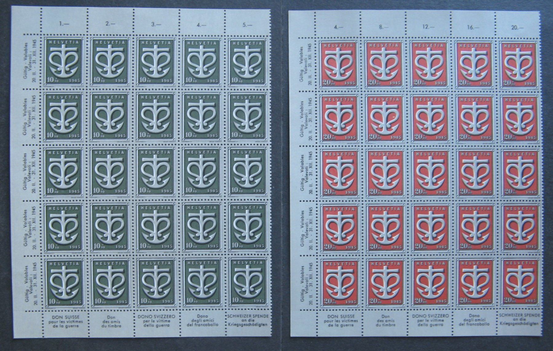 Tutti i francobolli: 1945 Sondermarken 10 und 20 Rappen Teilbogen postfrisch – Nuovo (secondo la descrizione) da Frauenfeld venduto da Interessent1