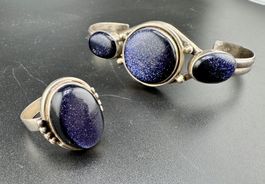 Sterling Silber Ring & Armreif mit blauem Goldfluss