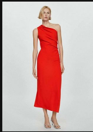 Mango one shoulder midi maxi dress in red L