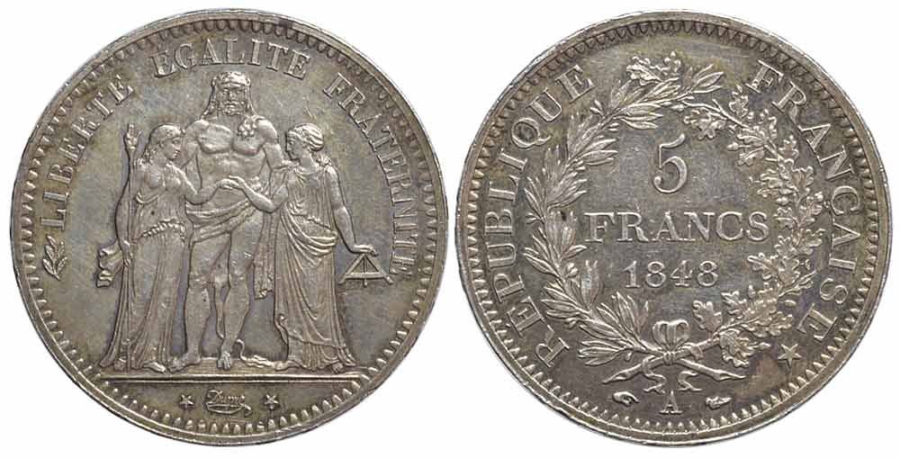 Tutti le monete: Frankreich, 5 Francs 1848 A Paris – Usato da Chiasso venduto da Novamarketing