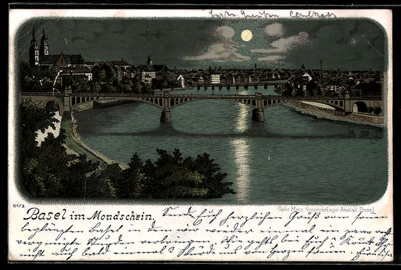 Cartoline postali: Litho Basel, Stadtpanorama im Mondschein – Usato da Berlin venduto da bartko-reher