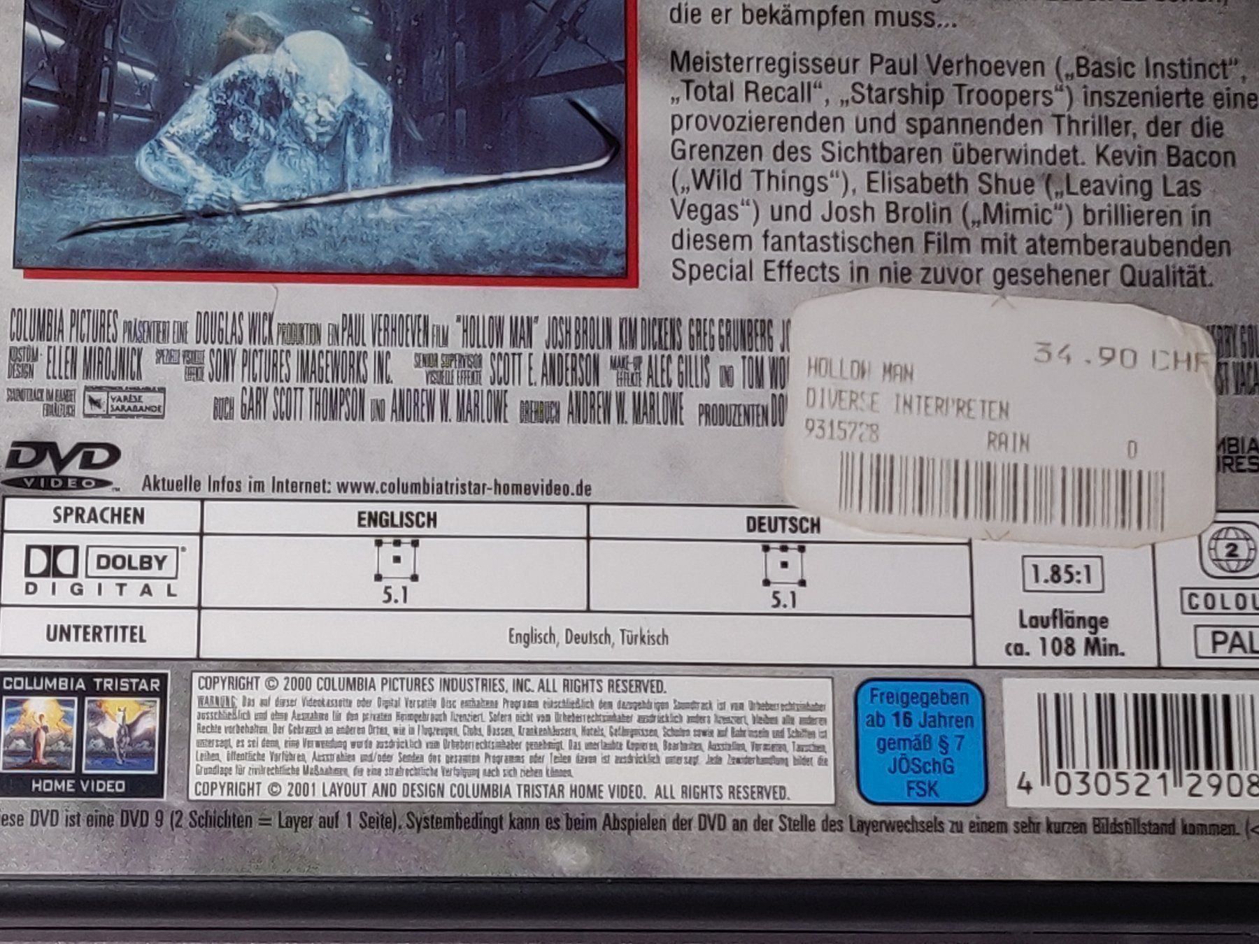Tutti i DVDs: Hollow man / DVD / NP 34.90 – Usato da Zollikofen venduto da Blackie 3
