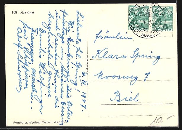 Cartes postales: AK Ascona, Panorama mit Bergen, 1947 – D'occasion à Berlin par bartko-reher 1