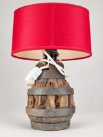 Tischlampe mit Holzrad Fuss und rotem Schirm gebraucht ANTIK