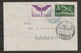 1932 : Ballon Luftpost Brief mit F12 + Vignette (rückseitig)