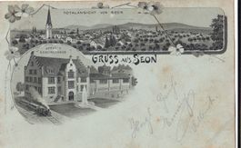 Seon Nacht - Lithografie Schul- und Gemeindehaus Dampfzug