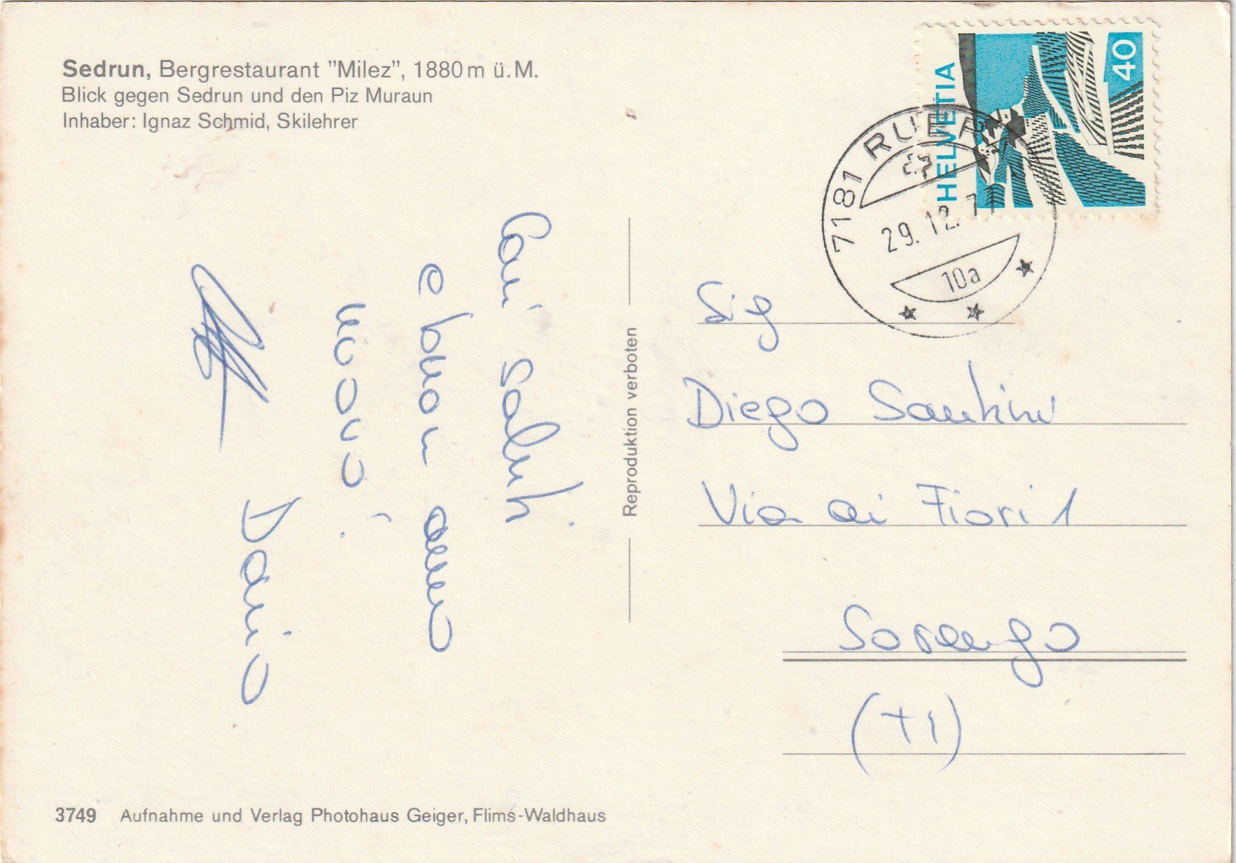 Cartes postales: Sedrun. Berghaus Milez – D'occasion à Lumbrein par made02 1