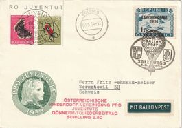 1954, PJ-Kehrdruck-FDC verwendet für öster. PJ-Ballonflug