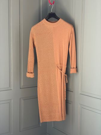 Wollkleid Madeleine beige/goldmetalisiert mit Bindegürtel