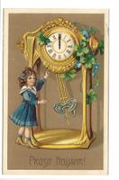 Prosit Neujahr ! Mädchen mit Uhr - tolle Präge-Litho - 1911