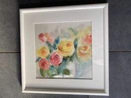 AQUARELL  AUF   SEIDE  ROSENBILD  SIGNIERT  V. SAHLI