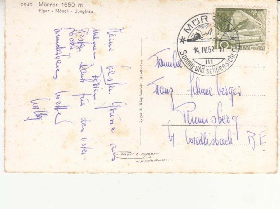 Cartoline postali: Mürren 1952 – Usato da Bürglen TG venduto da StampGraf 1
