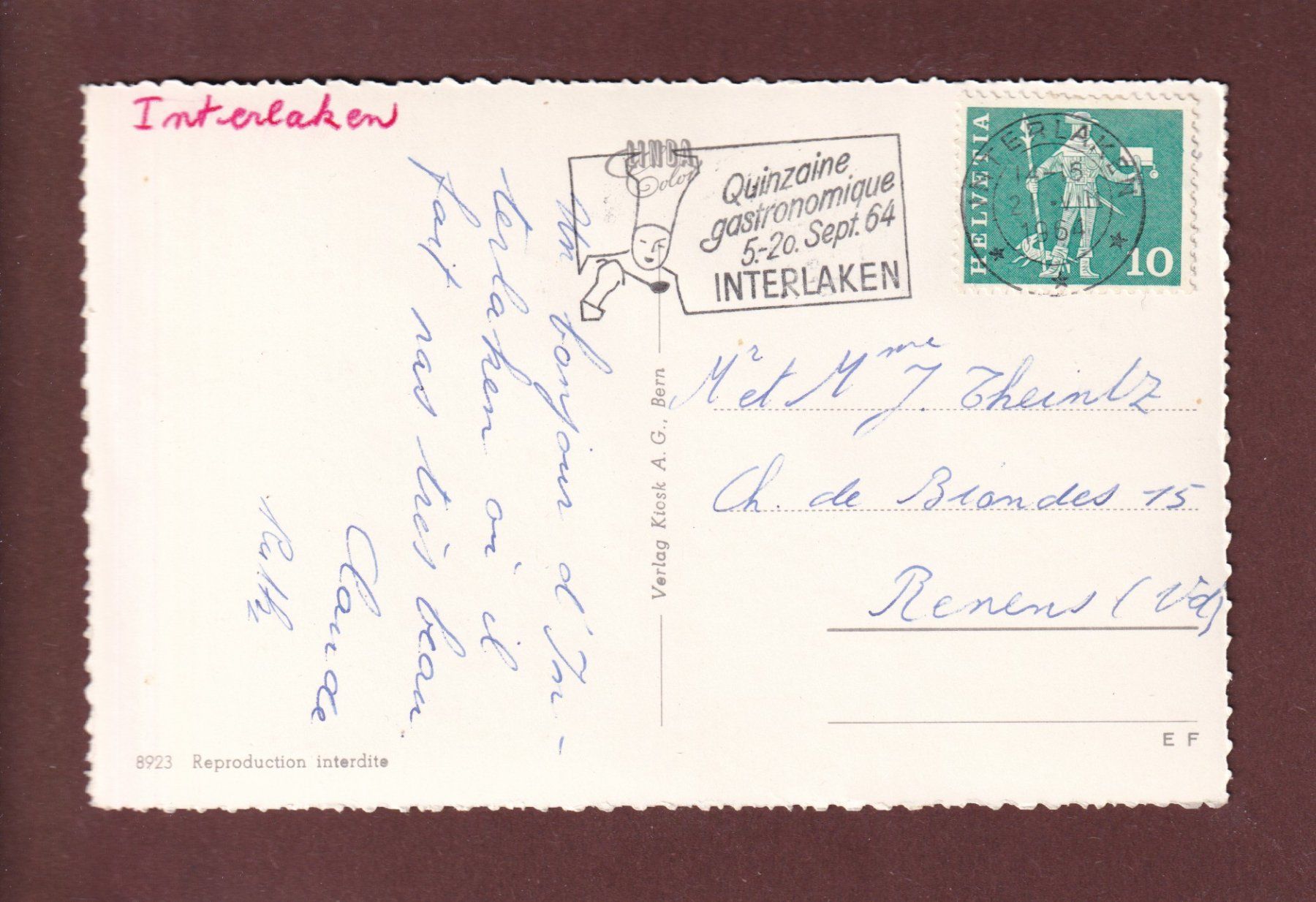 Cartoline postali: INTERLAKEN - 4 Bilder - 1964 – Usato da Pully venduto da nicecards 1