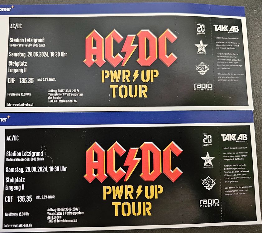 AC/DC Tickets 2 Stehplätze - Letzigrund Zürich 29.06.2024 (Gebraucht ...