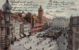 Basel, Marktplatz, gelaufen 1910 Feldpost SANITÄTSTRUPPEN