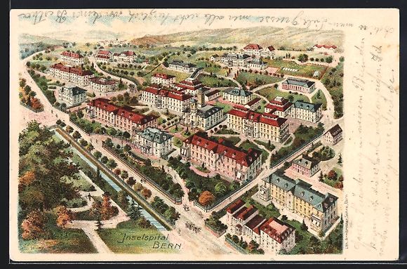 Ansichtskarten: Lithographie Bern, Inselspital, 1907 – Gebraucht aus Berlin von bartko-reher