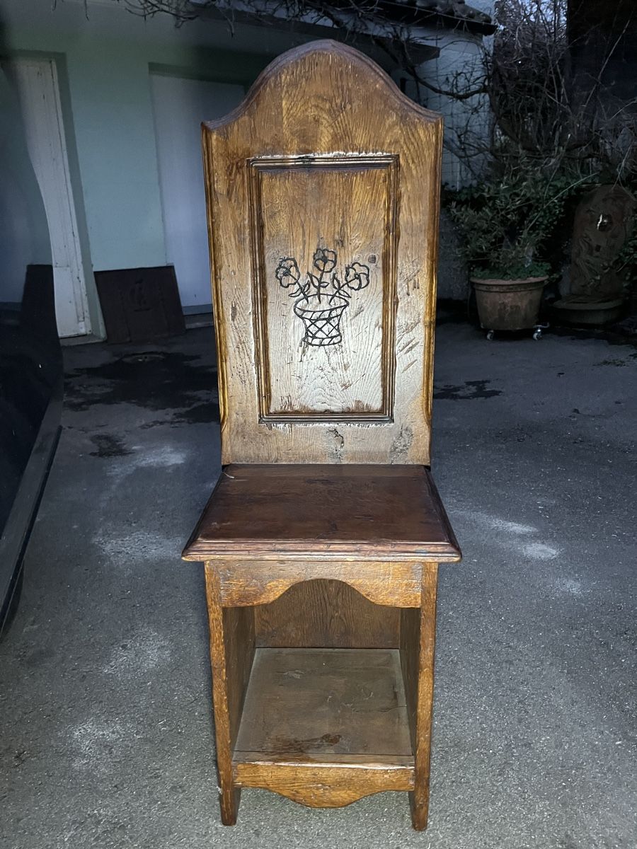 Sedie: Antiker massiver Eichenholz Stuhl Handgeschnitzt ca 1850 – Usato da Buchs ZH venduto da JPK7