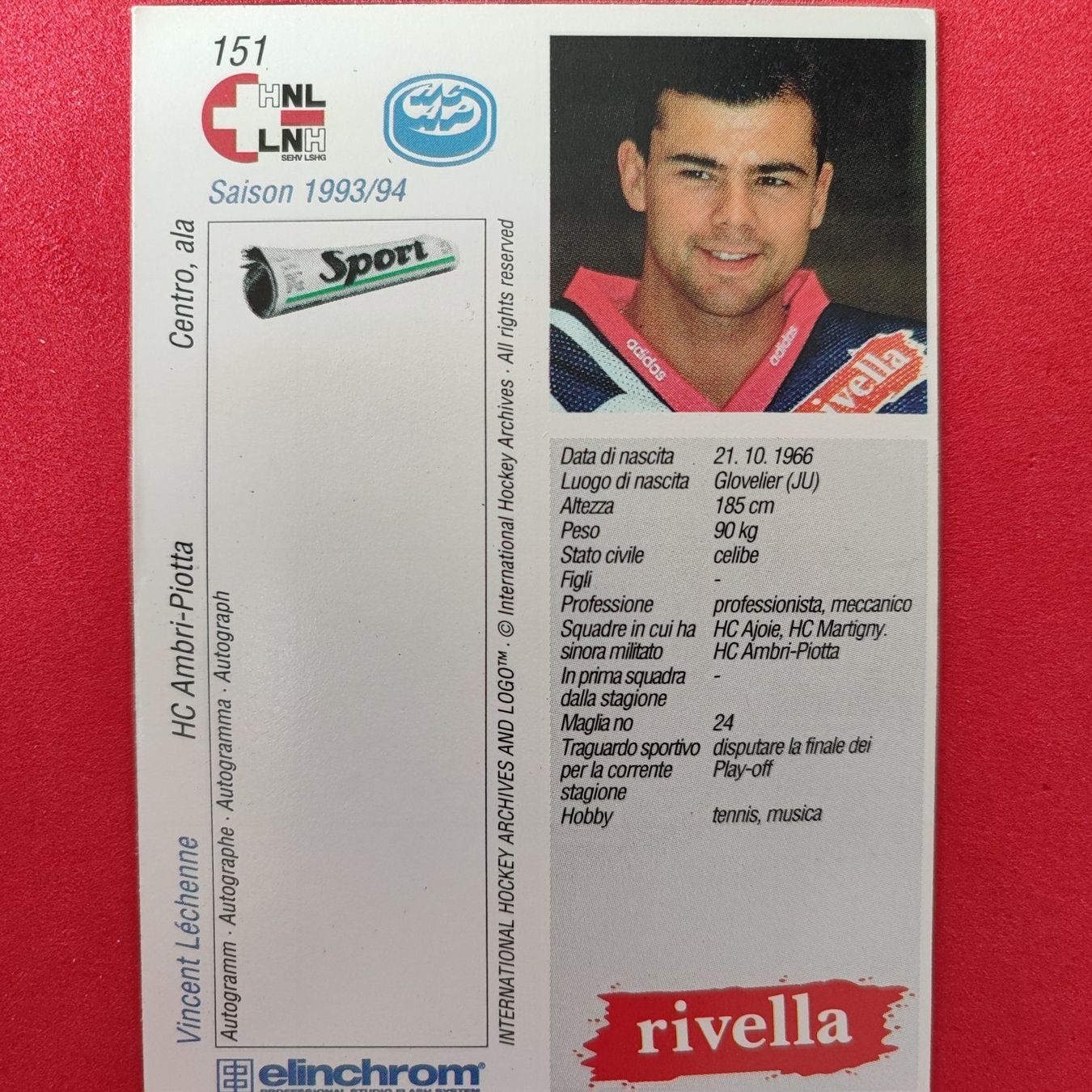 Carte collezionabili: Vincent Lechenne - HC AMBRI - 1993/94 – Usato da Dübendorf venduto da kb86_MOVIE 1