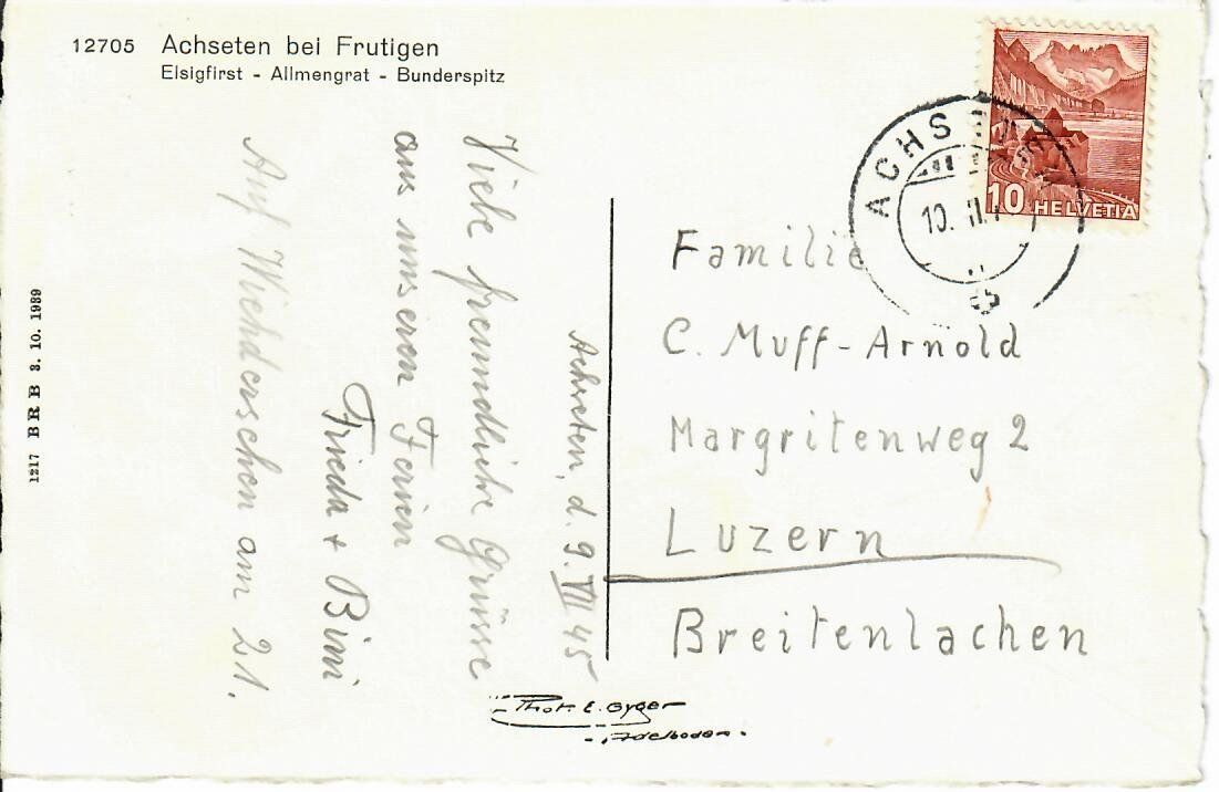 Ansichtskarten: Achseten bei Frutigen  1945 – Gebraucht aus Hochdorf von Ziegel-16 1