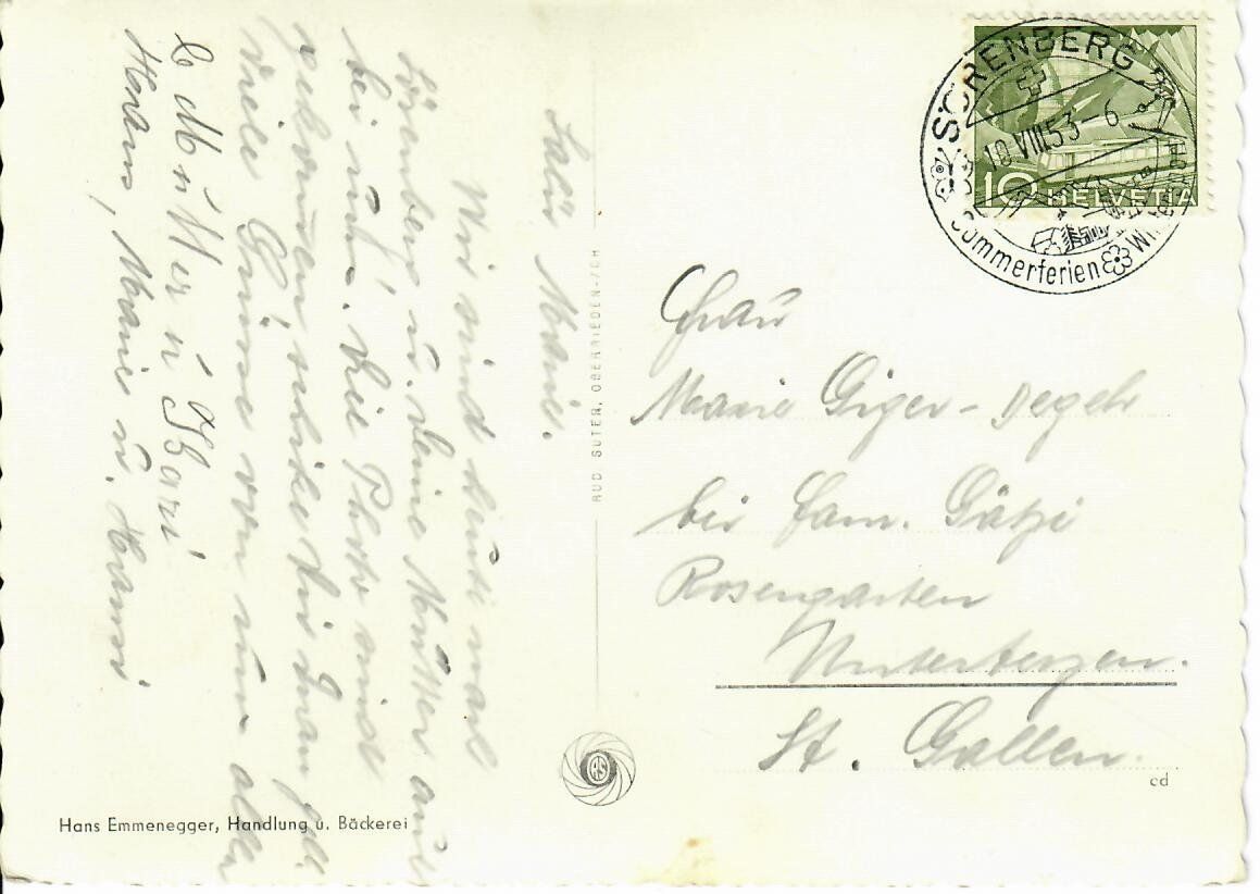 Ansichtskarten: Sörenberg  1953 – Gebraucht aus Hochdorf von Ziegel-16 1