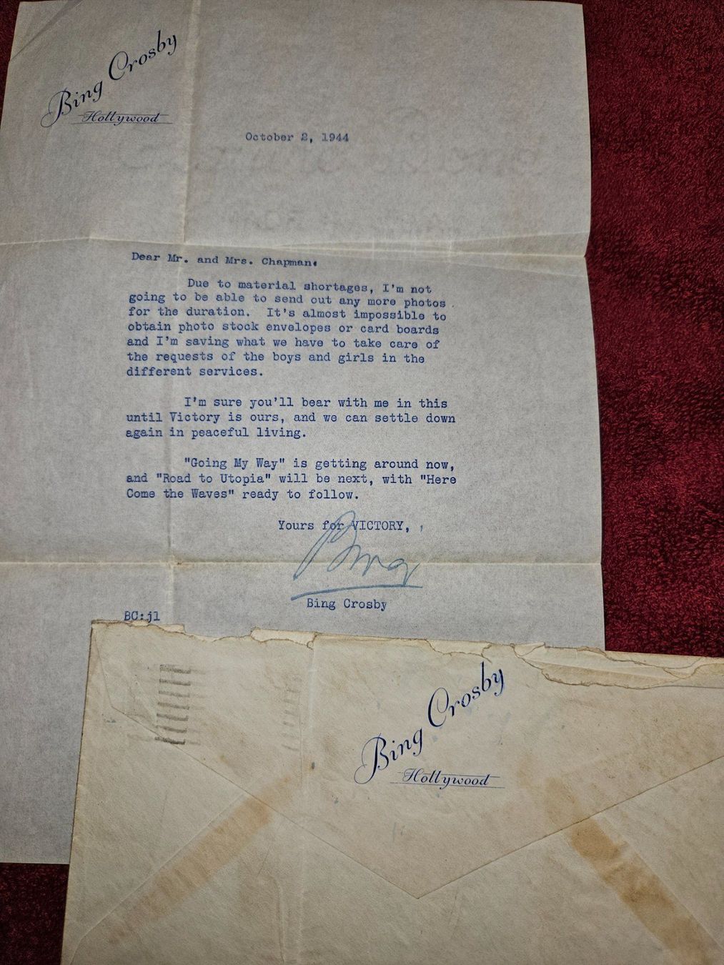 Autogramme: 2 Bing Crosby Briefe, handsigniert m. Couvert Calif. 1950 – Gebraucht aus Gunzwil von Charro03 5