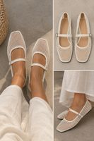 Damen Ballerinas weiss Netzoptik Mesh mit Riemen gebraucht