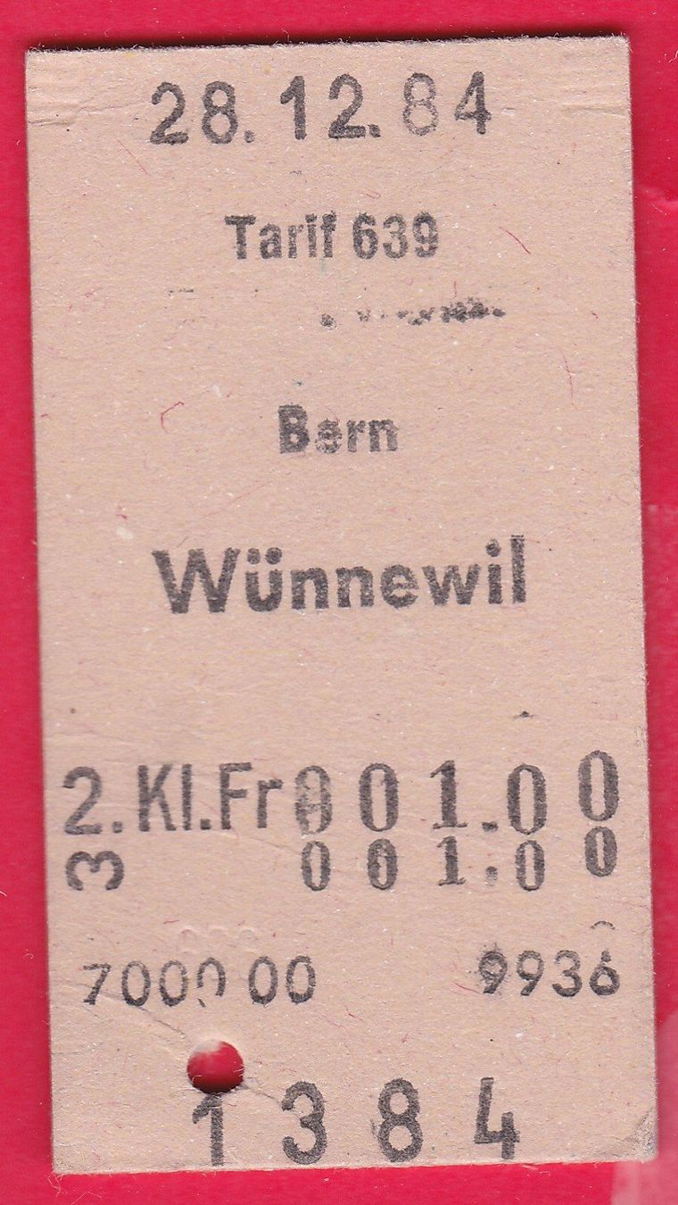 Biglietti: KARTON BILLETT, BERN - WÜNNEWIL, 2.KLASSE, EINFACH, 28.12.84 – Usato da Oberrieden venduto da Gebirgsstelze