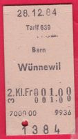 KARTON BILLETT, BERN - WÜNNEWIL, 2.KLASSE, EINFACH, 28.12.84
