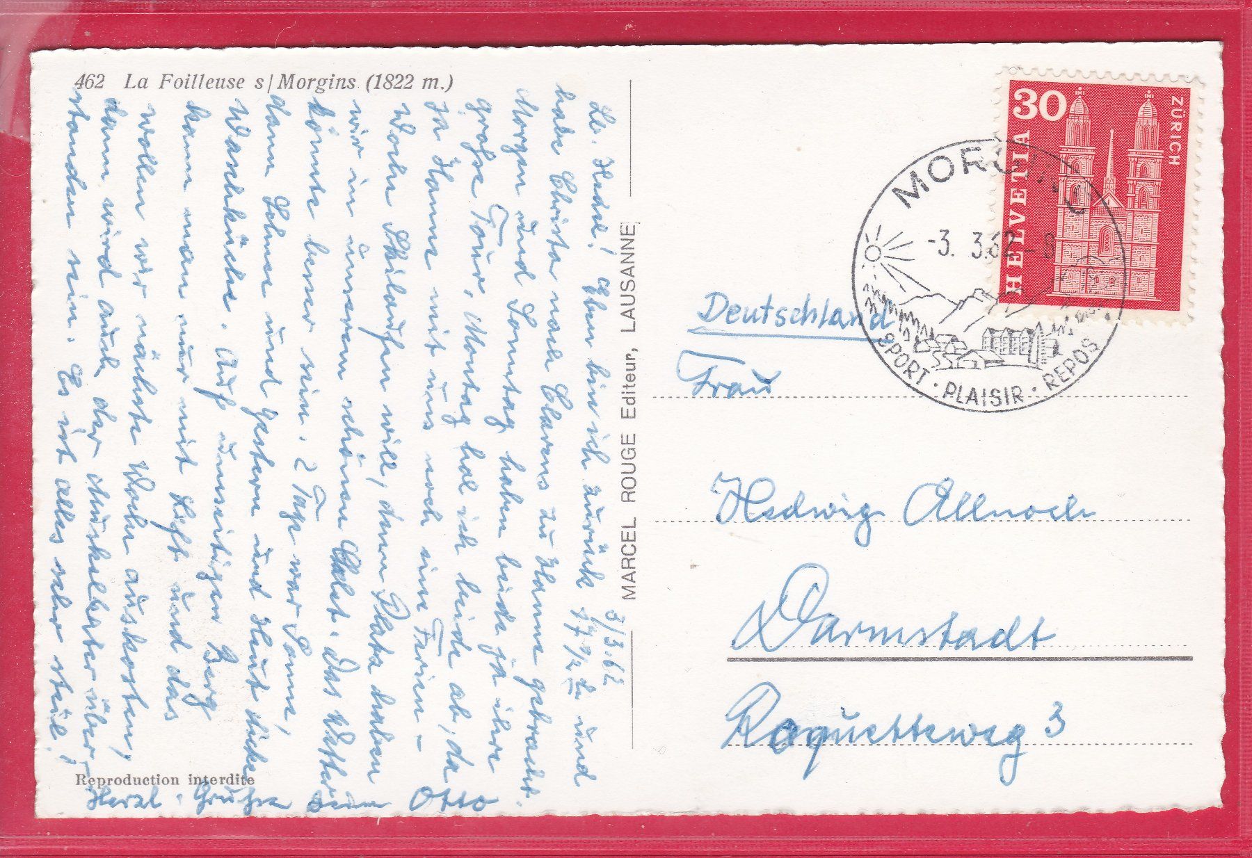 Ansichtskarten: LA FOILLEUSE s/MORGINS, 3.3.1962 – Gebraucht aus Oberrieden von Gebirgsstelze 1
