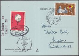 1955, Ballonpost, OK-Karte Mustermesse +Vignette nach Luzern