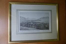 Paul Wyss " Uznach " Litho im Echtgoldrahmen ü Eck vergoldet