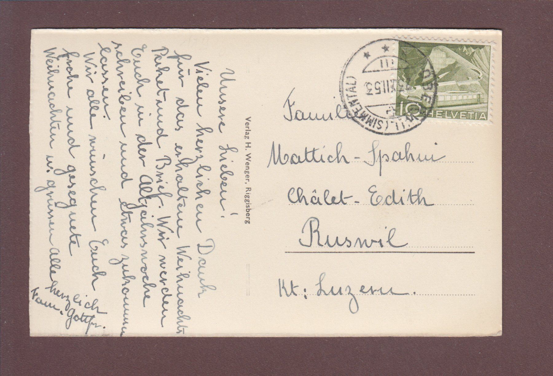 Cartoline postali: OBERWIL - Kirche - 1953 – Usato da Pully venduto da nicecards 1