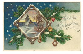 Fröhliche Weihnachten - Kirche - Tannenzweige - Präge-Litho