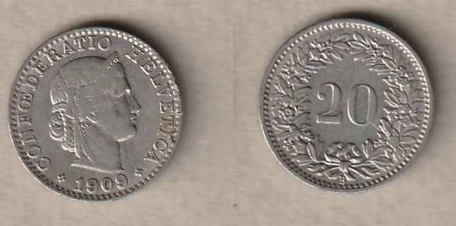 Alle Münzen: 20 Rappen 1909 – Gebraucht aus Allschwil von Coinfreak